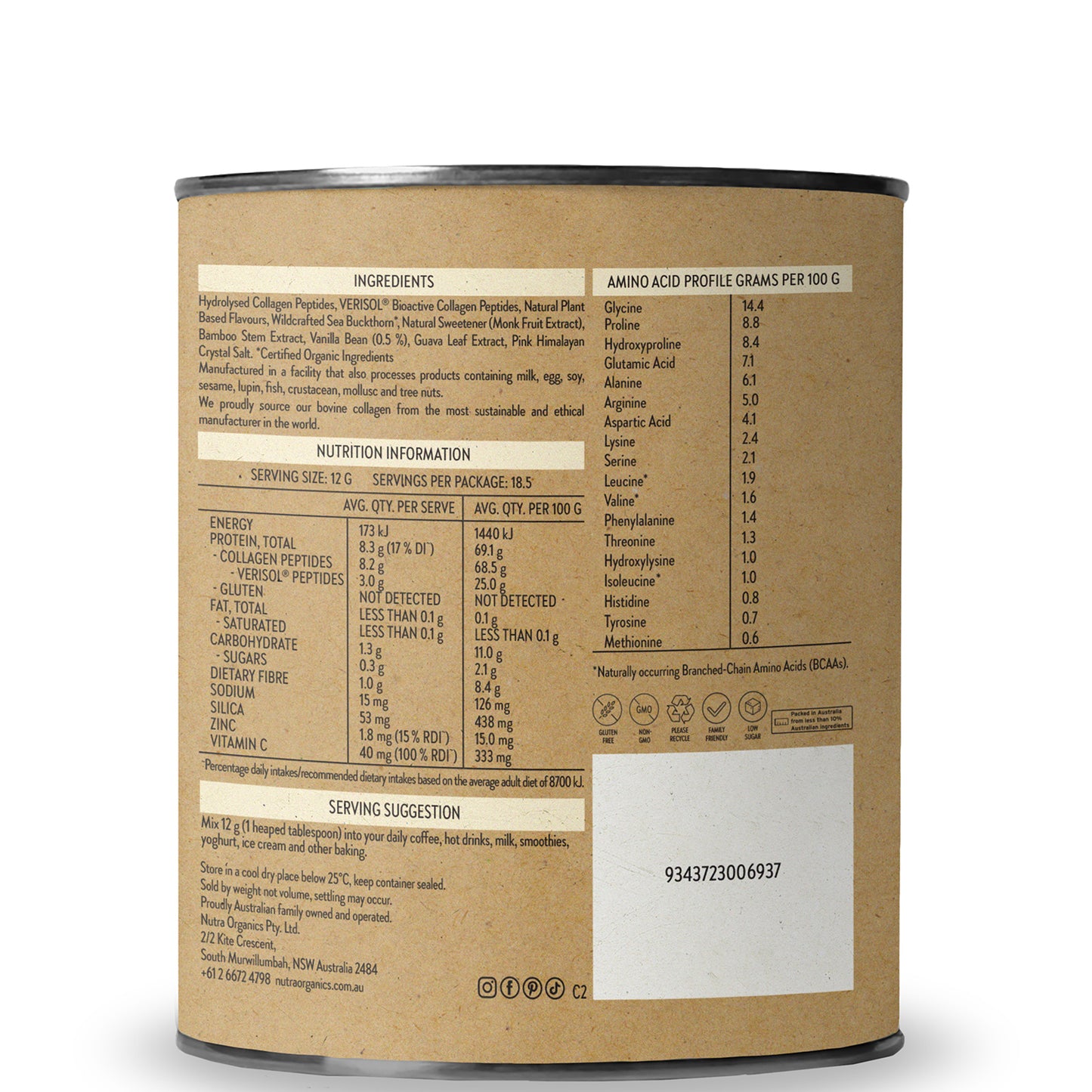 Nutra Organics Collagen Beauty Supplements - Vanilla 225g