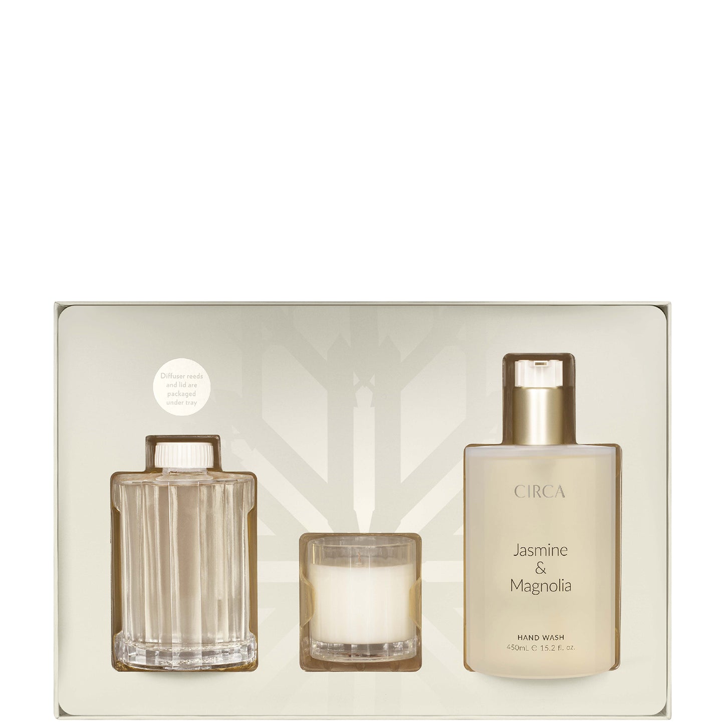 CIRCA Jasmine and Magnolia 60g Candle, Diffuser and Hand Wash Fragrance Set
