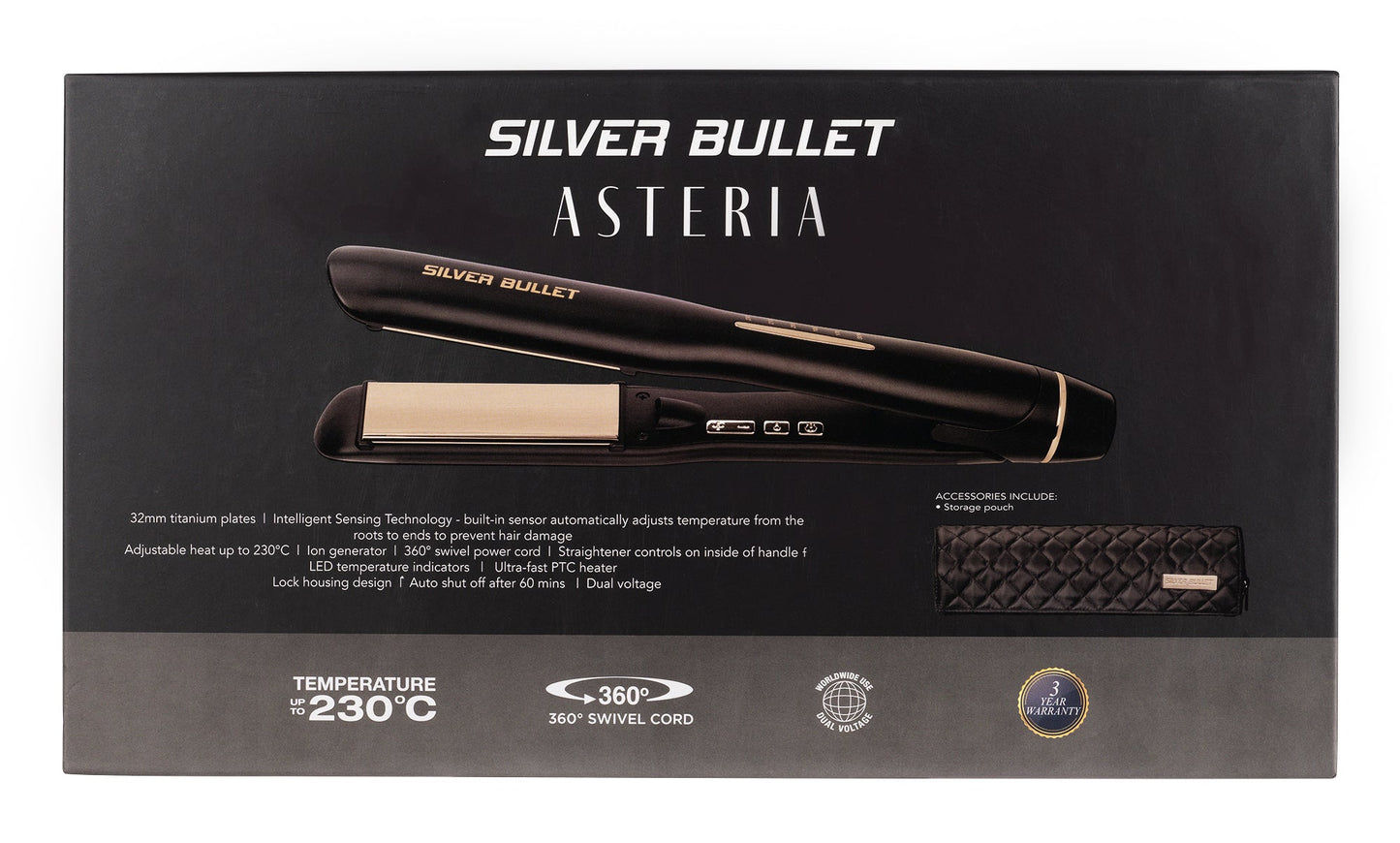 Silver Bullet Asteria Ionic Titanium Hair Straightener 32mm - Black