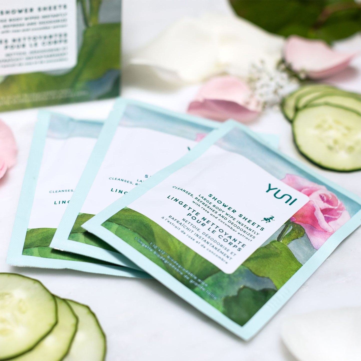 Yuni Beauty Shower Sheets with Rose and Cucumber Extract (12 Wipes)