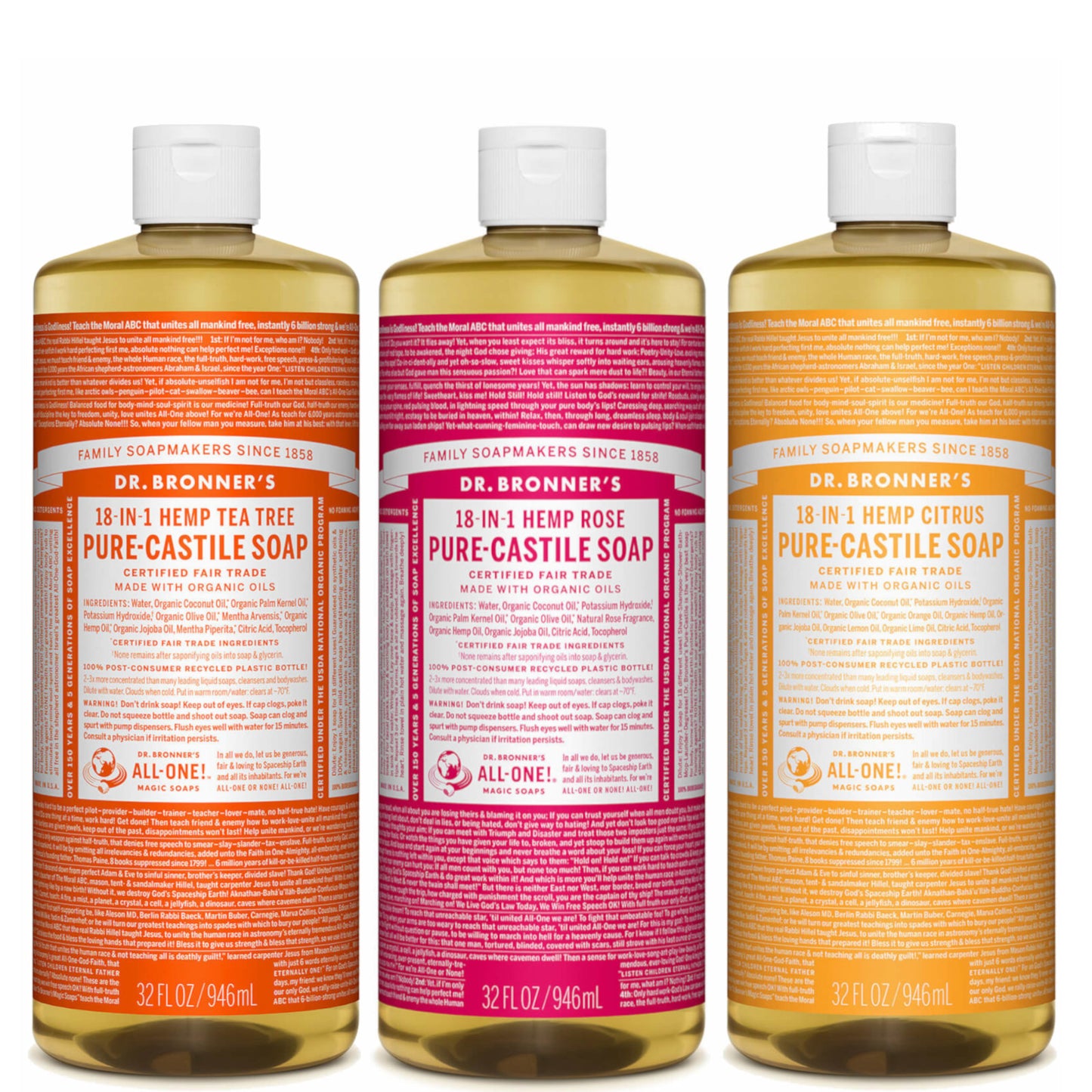 Dr. Bronner's Summer Scents Pure-Castile Liquid Soap Set - Citrus, Tea Tree and Rose