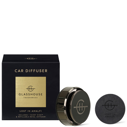 Glasshouse Fragrances Black Car Diffuser - Lost in Amalfi with 1 Replacement Scent Disk