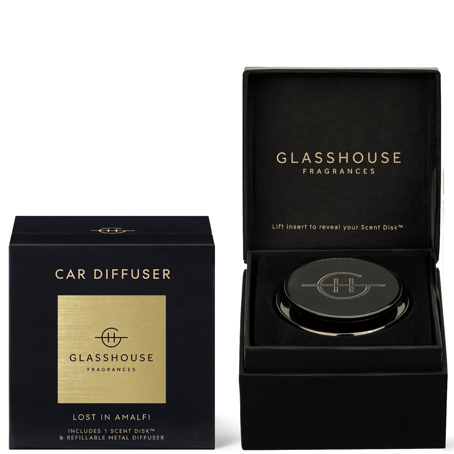 Glasshouse Fragrances Black Car Diffuser - Lost in Amalfi with 1 Replacement Scent Disk