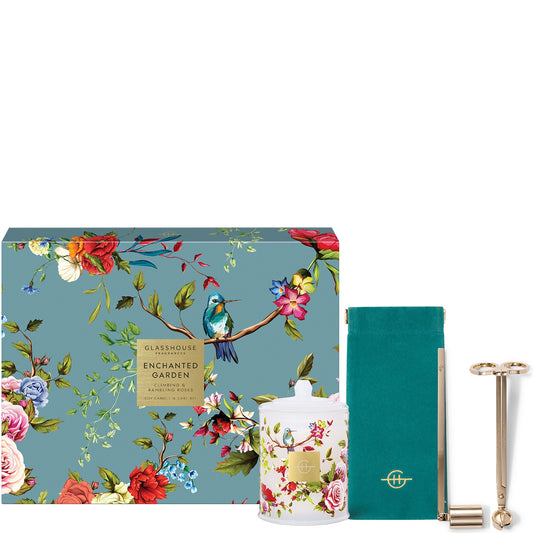 Glasshouse Fragrances Enchanted Garden Candle 380g, Wick Trimmer, Wick Snuffer and Velvet Pouch Soy Candle and Care Kit