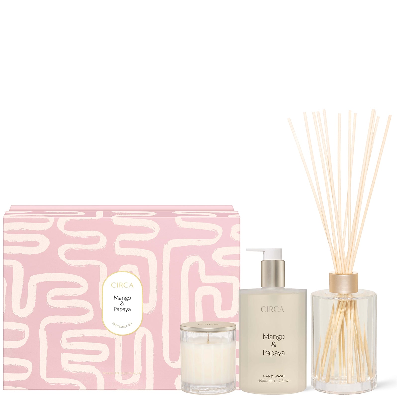 CIRCA Mango and Papaya Candle 60g, Diffuser 250ml and Hand Wash 450ml Fragrance Gift Set