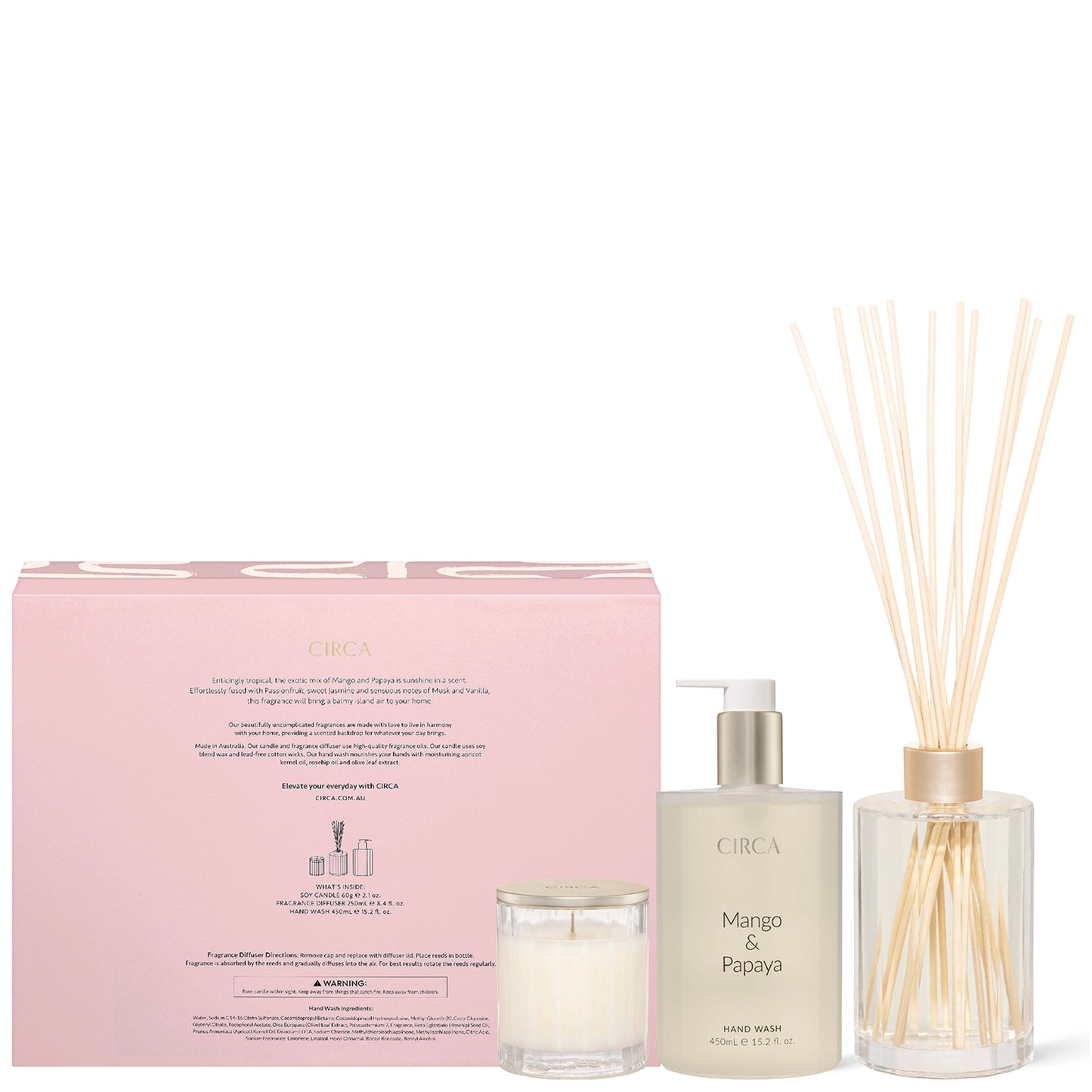 CIRCA Mango and Papaya Candle 60g, Diffuser 250ml and Hand Wash 450ml Fragrance Gift Set