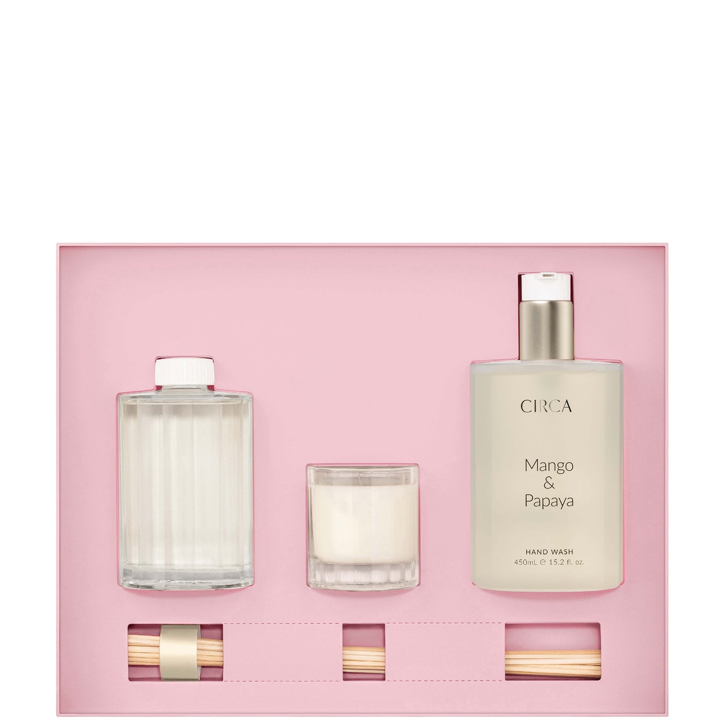 CIRCA Mango and Papaya Candle 60g, Diffuser 250ml and Hand Wash 450ml Fragrance Gift Set