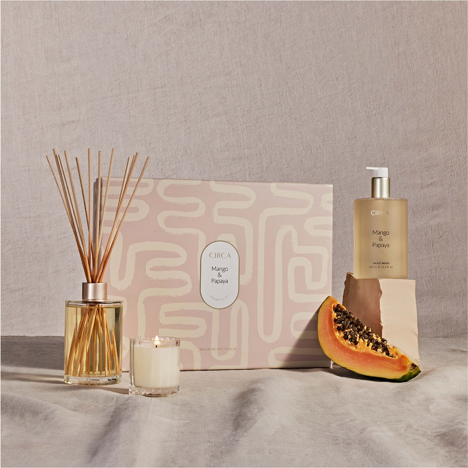 CIRCA Mango and Papaya Candle 60g, Diffuser 250ml and Hand Wash 450ml Fragrance Gift Set