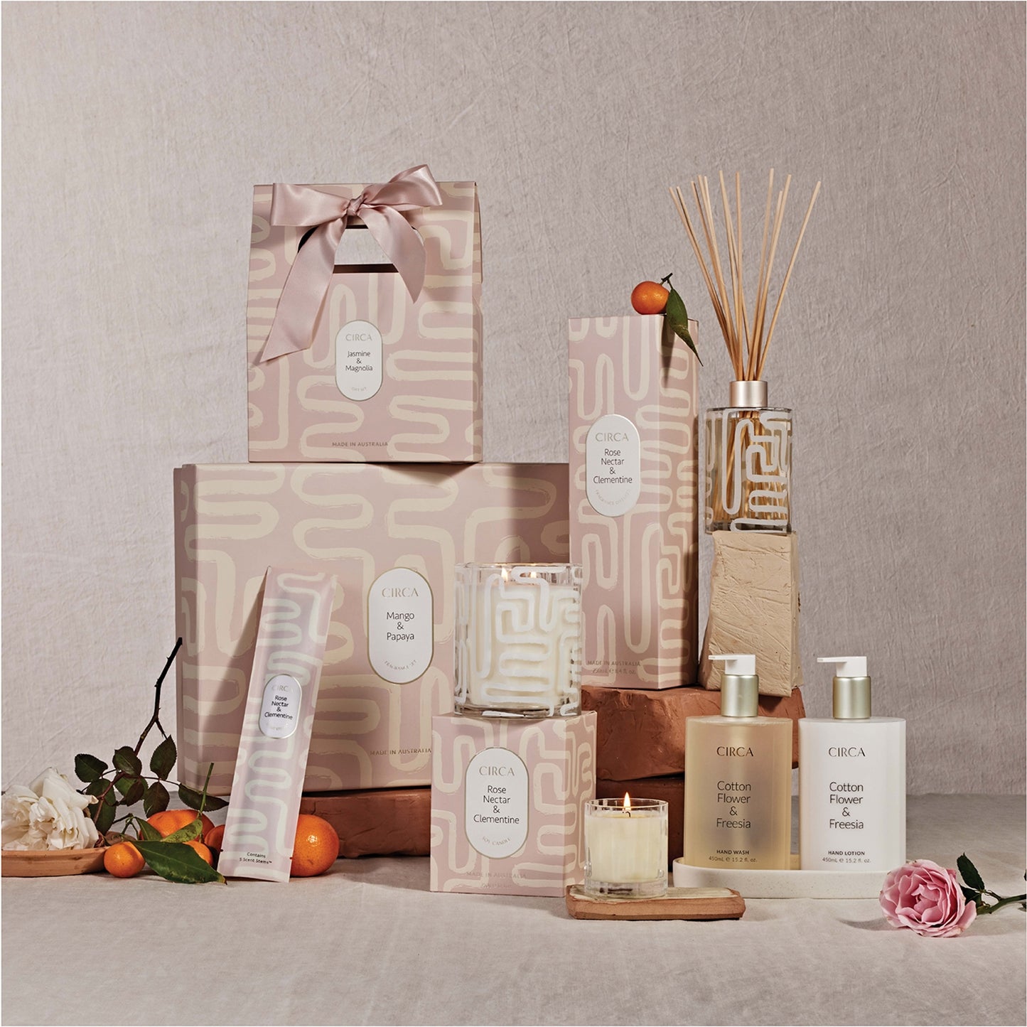 CIRCA Mango and Papaya Candle 60g, Diffuser 250ml and Hand Wash 450ml Fragrance Gift Set