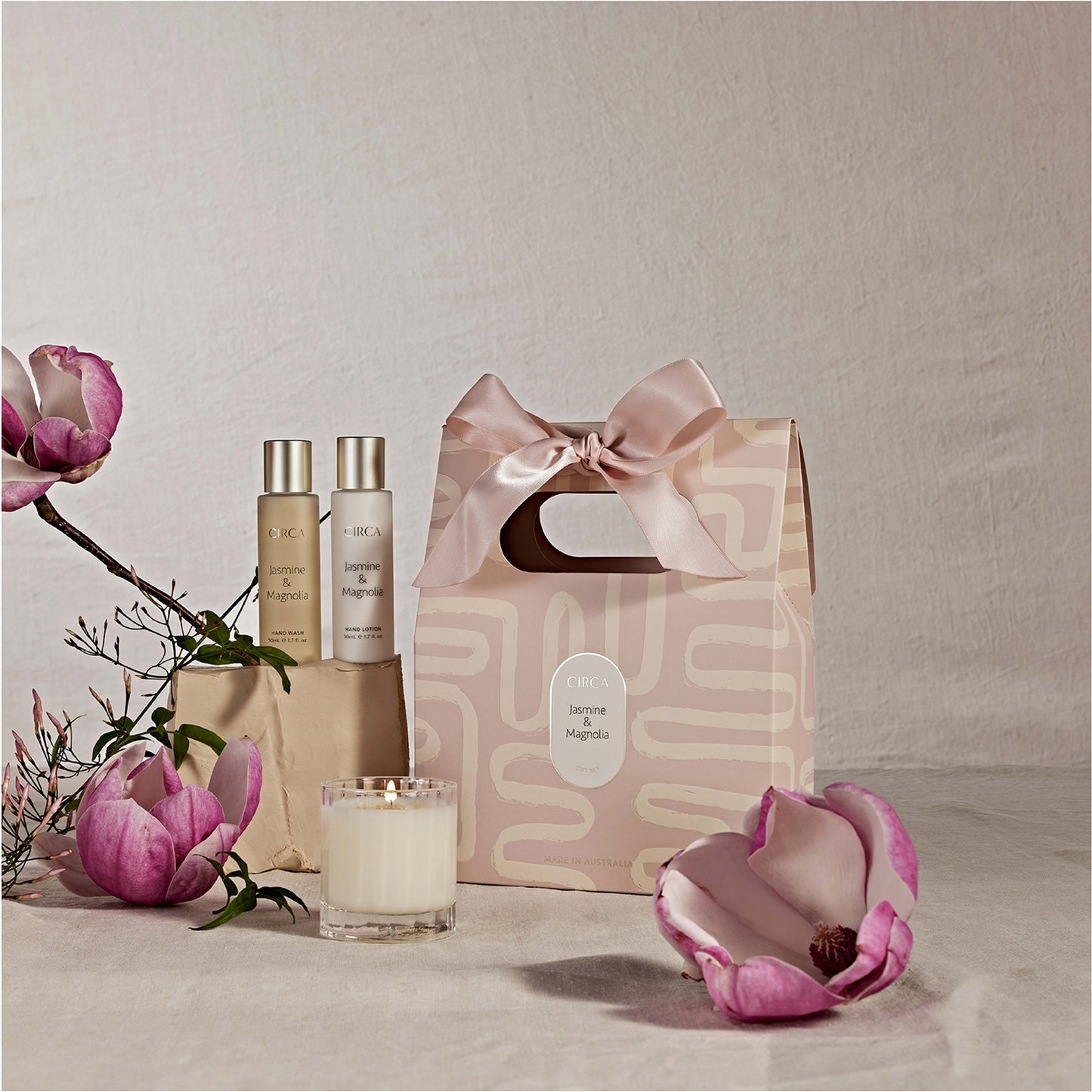 CIRCA Jasmine and Magnolia Gift Bag Candle, Hand Wash and Hand Lotion Set