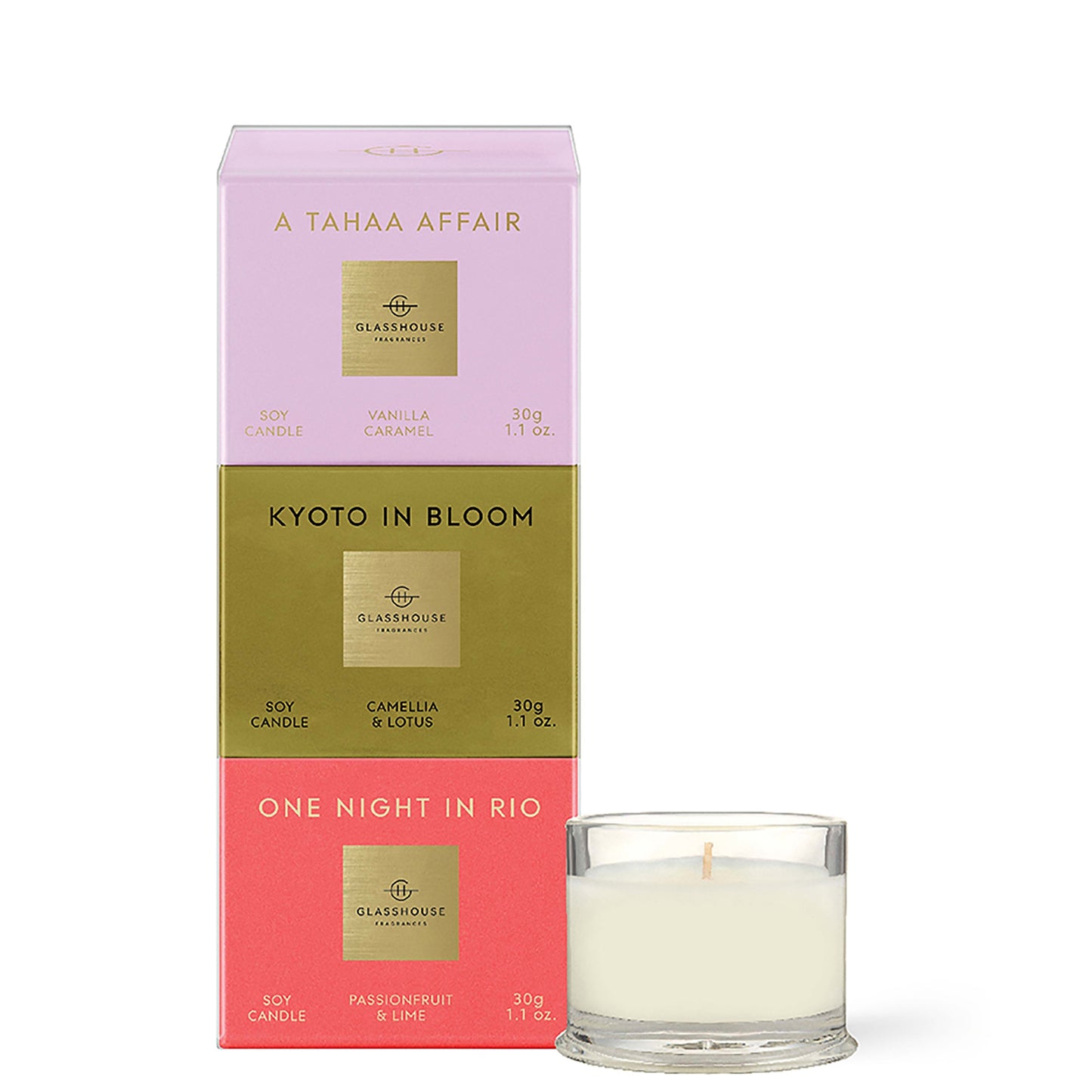 Glasshouse Fragrances Christmas 3x30g Candle Trio - A Tahaa Affair, Kyoto in Bloom, One Night in Rio