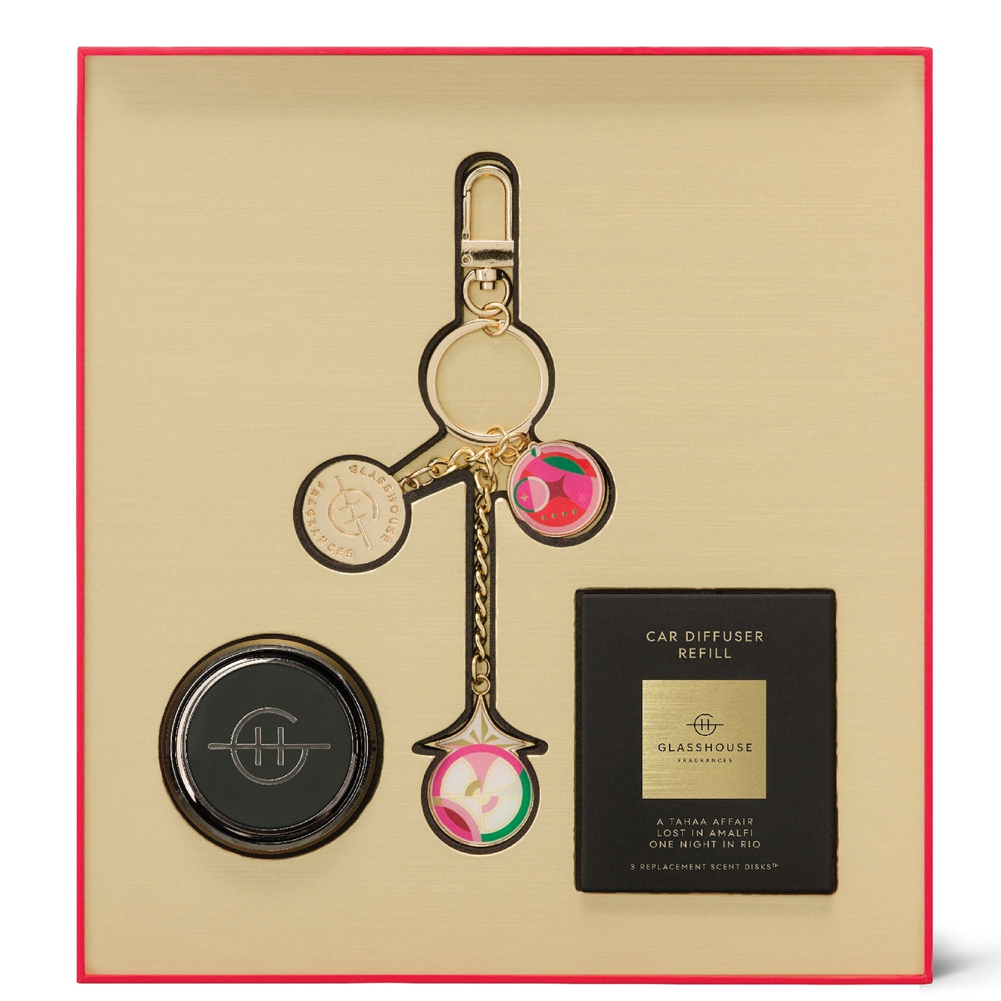 Glasshouse Fragrances Christmas Black Car Diffuser and Key Ring - A Tahaa Affair, Lost in Amalfi, One Night in Rio