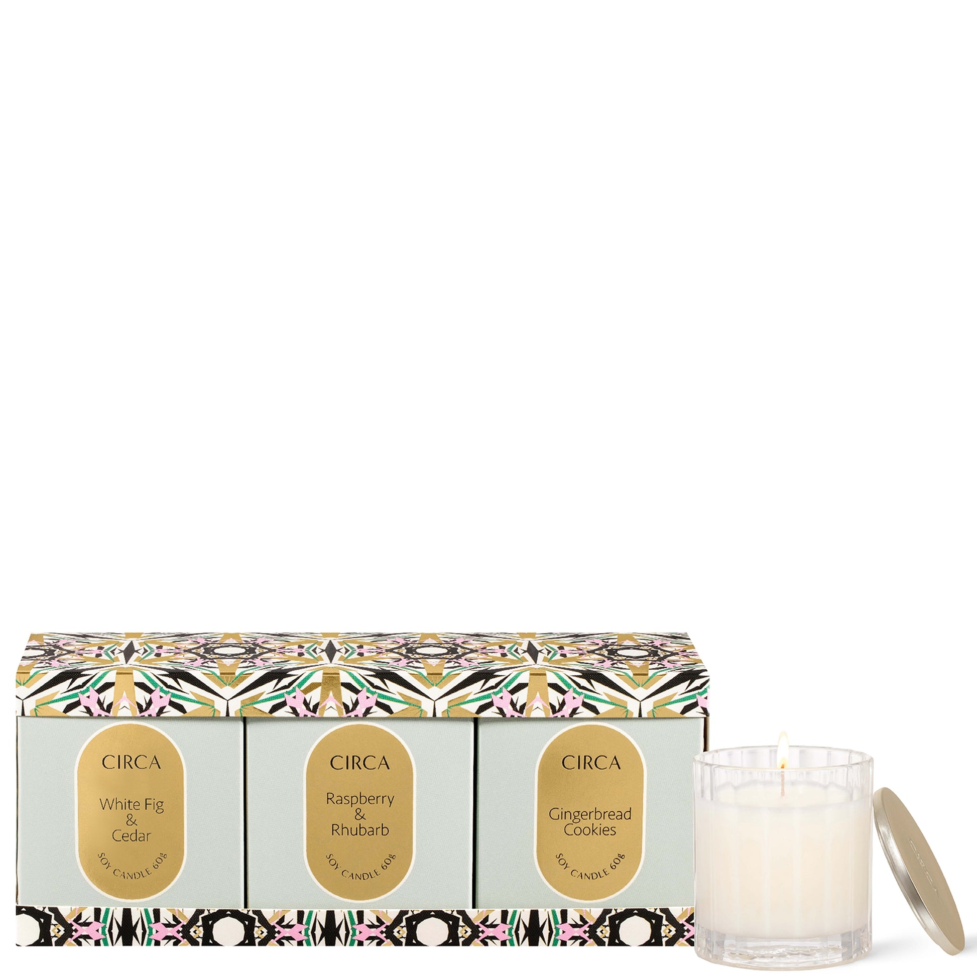 CIRCA Christmas 3x60g Candle Trio - White Fig & Cedar, Raspberry & Rhubarb, Gingerbread Cookies