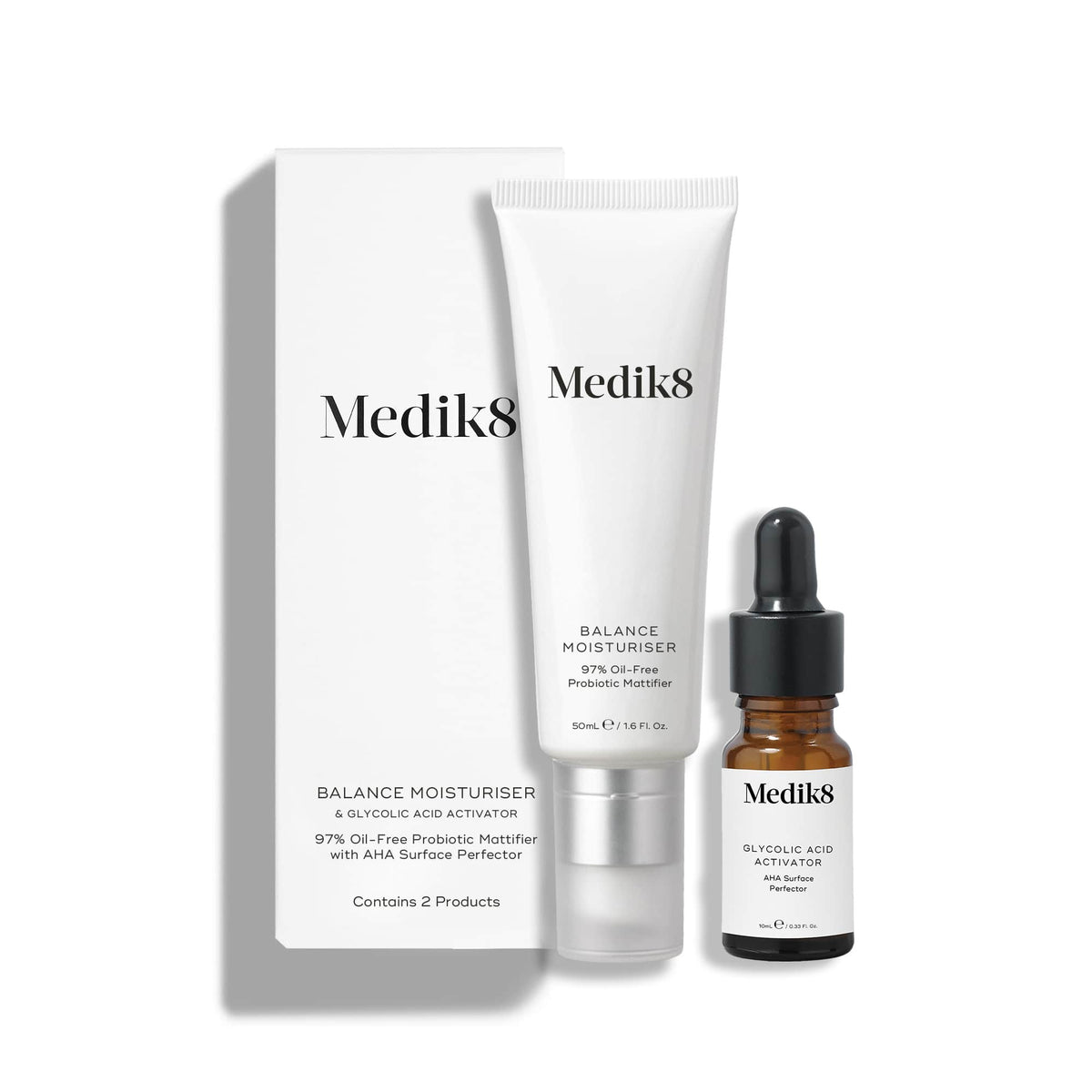 Medik8 Balance Moisturiser 50ml - Balance Moisturiser and Glycolic Acid Activator Product and Carton